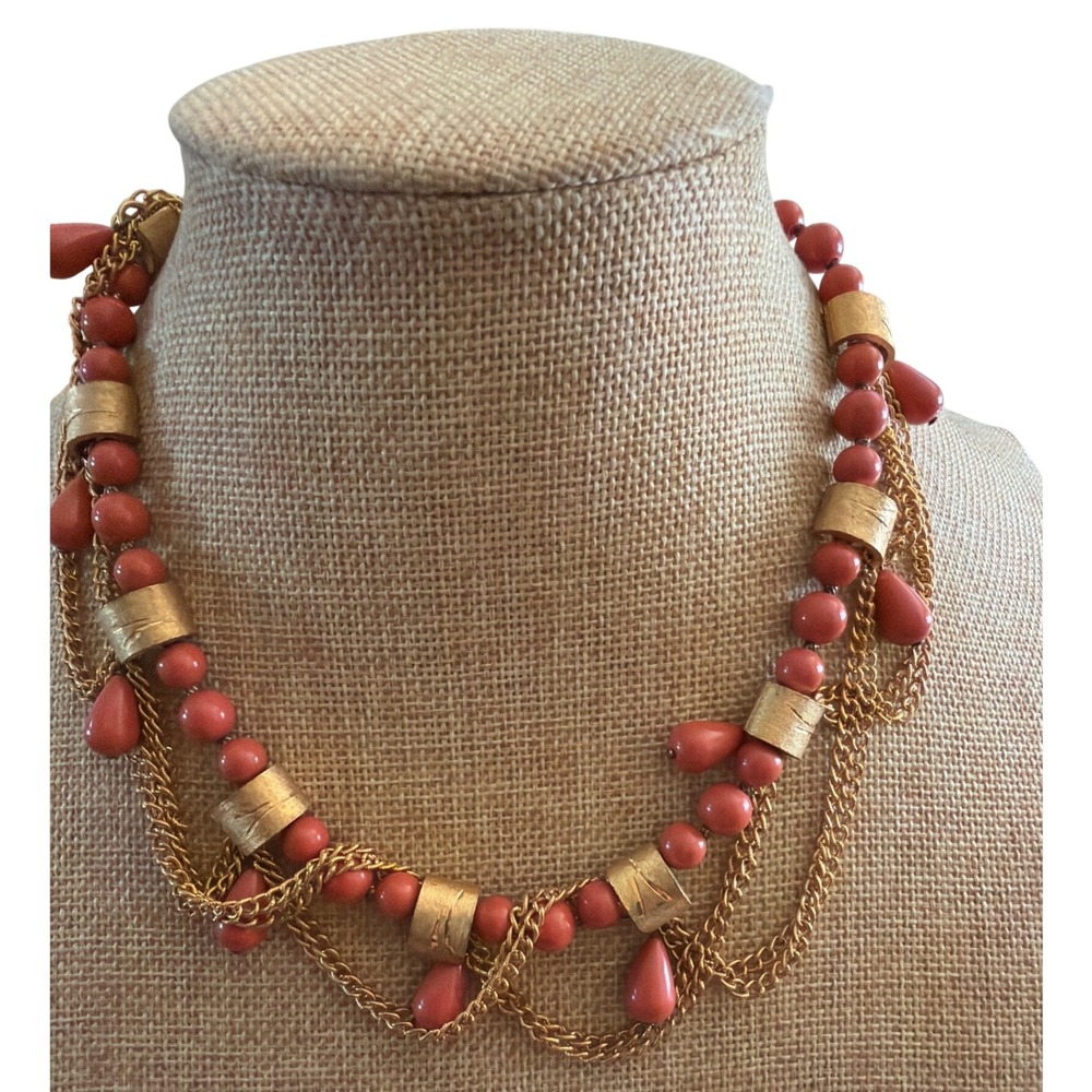 Vintage Style Coral Pink Beaded Multi Strand Gold Tone Chain Necklace